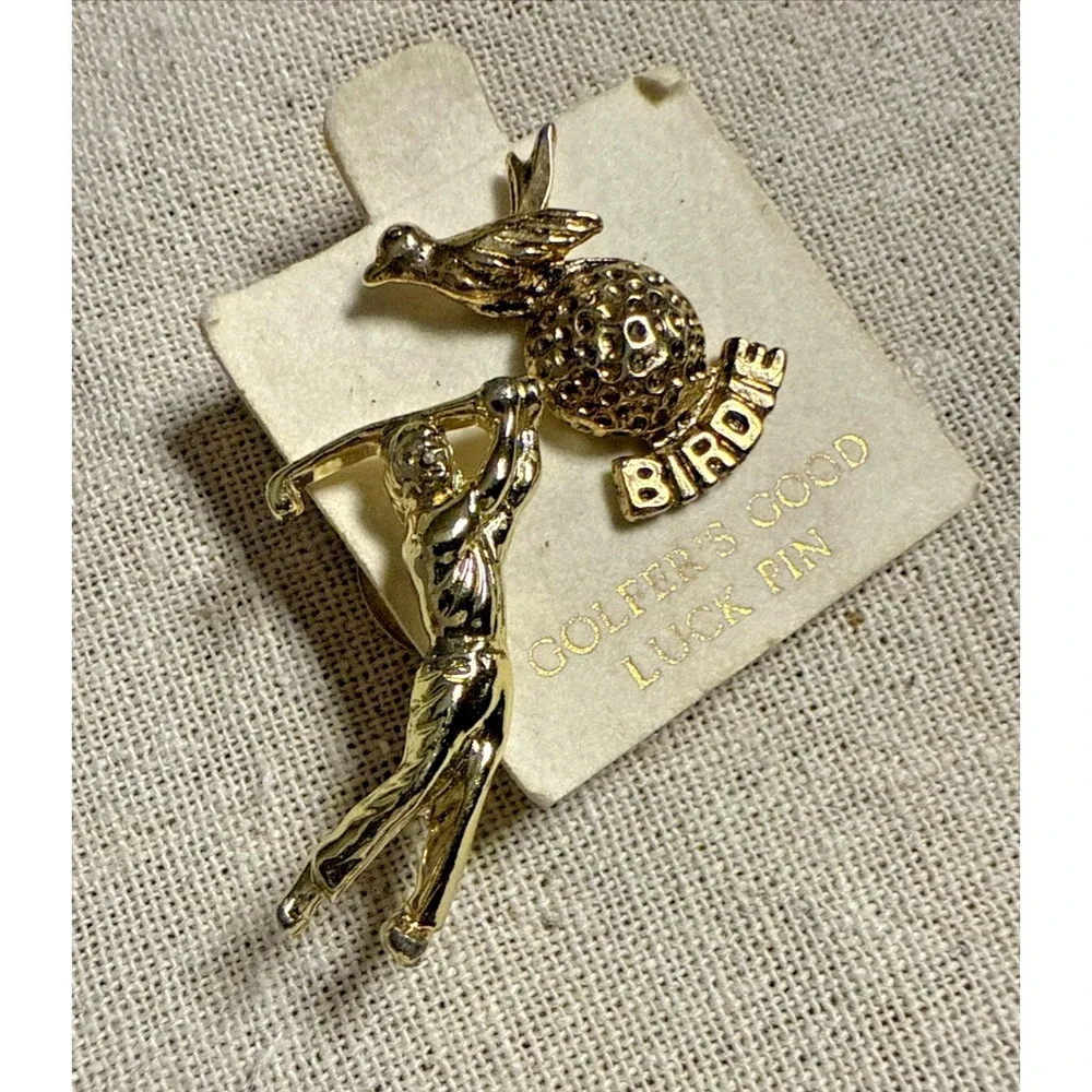 2-Men Golfer Swinging Club and 1-Birdie with golf ball Gold Tone Collectible Pin - Picture 5 of 9